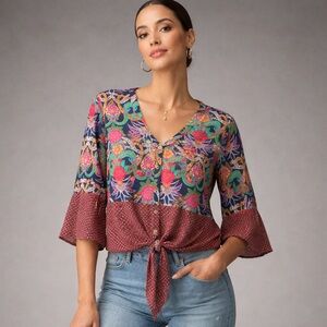 Maeve Anthropologie Blouse 4 Black Multi Floral Tie Button Front V-Neck‎ Top